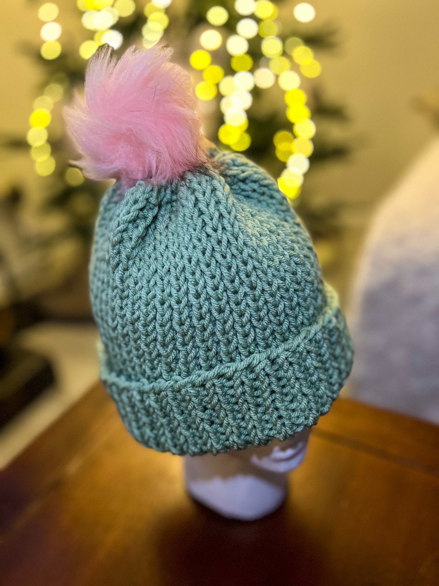 Knitted Green and Pink Beanie