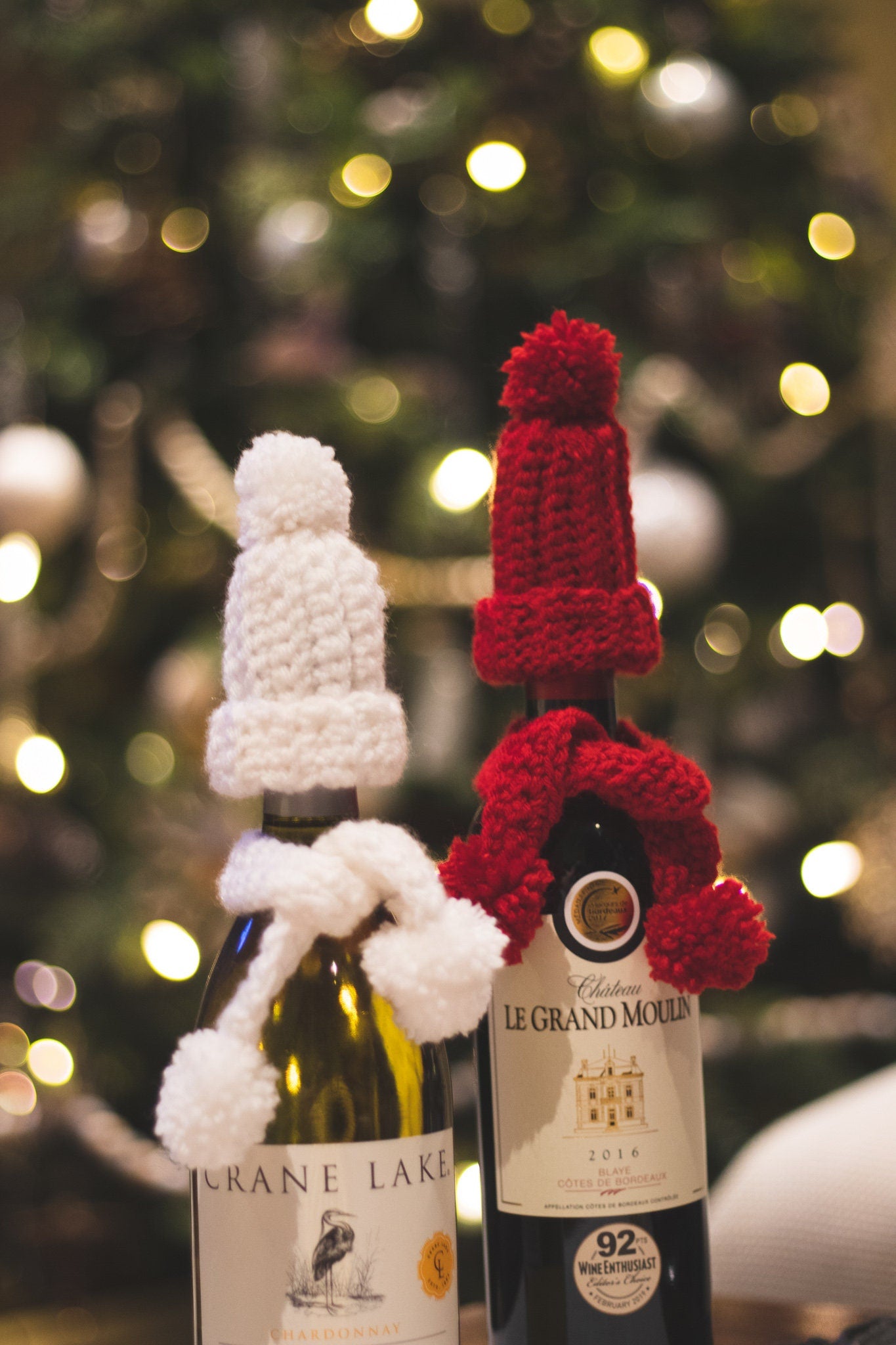 Cozy Wine Bottle Hat and Scarf Hand Crocheted in Snow White and Red - Set of 2
