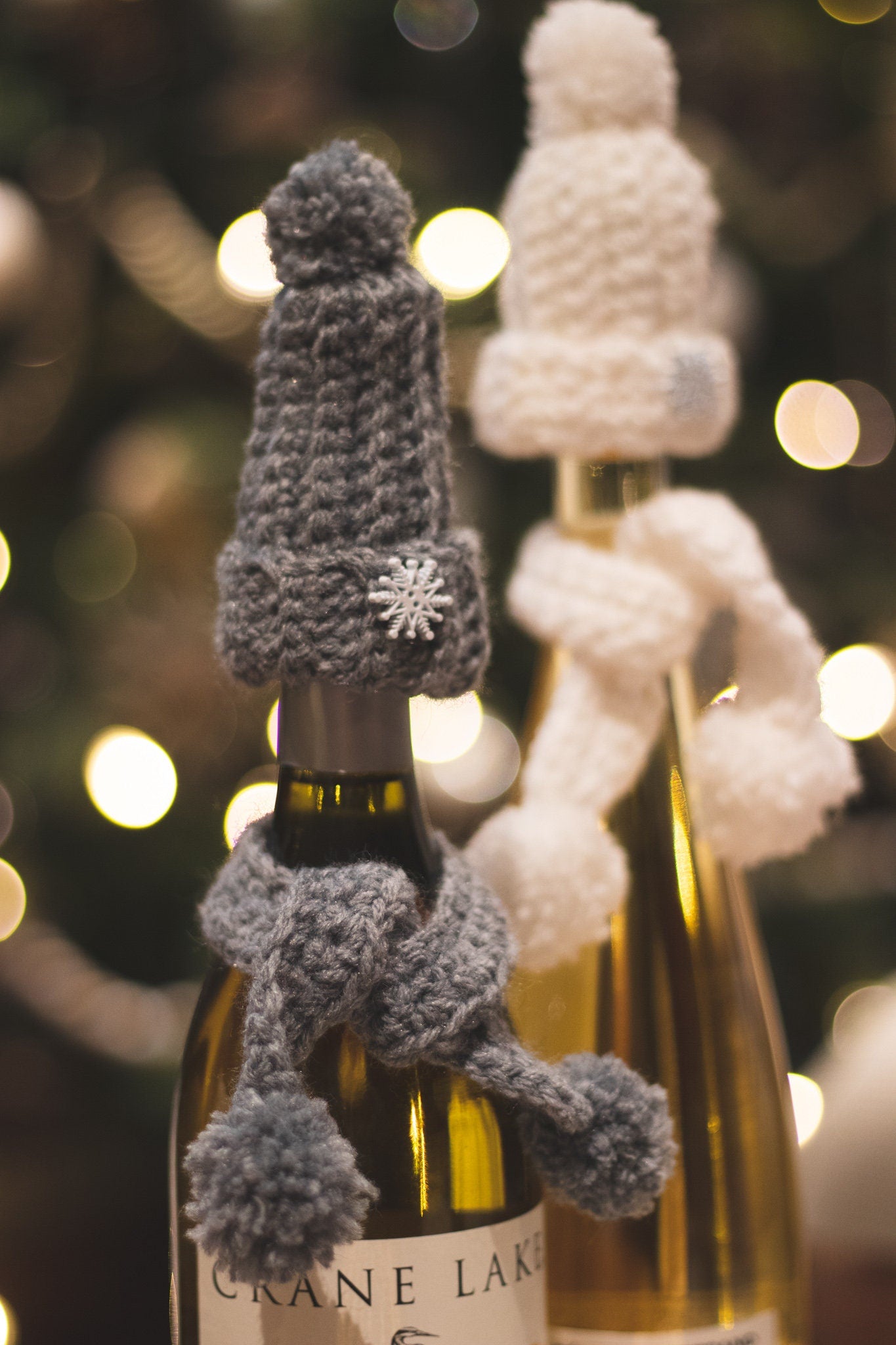 Cozy Wine Bottle Hat and Scarf Hand Crocheted in Snow White and Grey - Set of 2