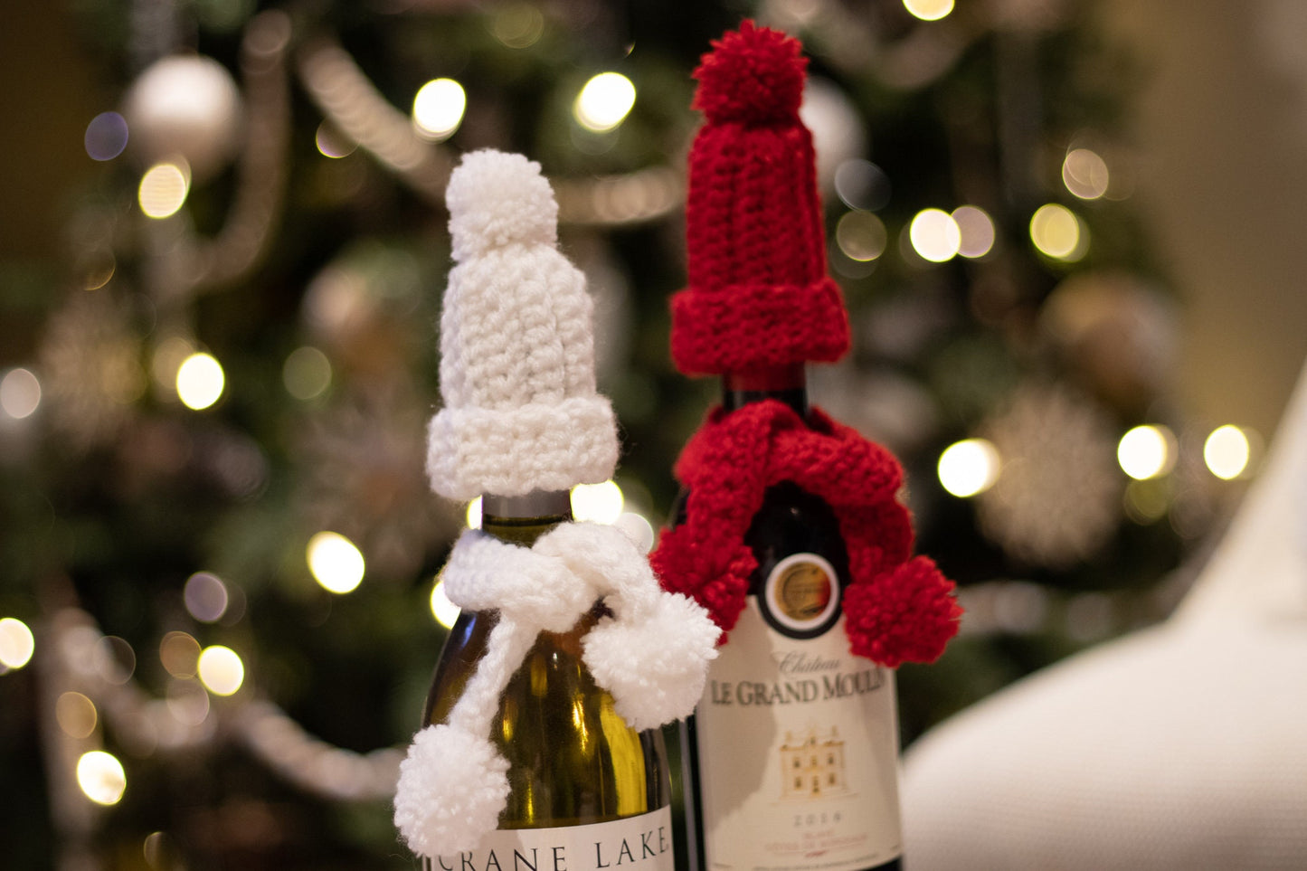 Cozy Wine Bottle Hat and Scarf Hand Crocheted in Snow White and Red - Set of 2