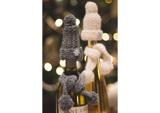 Cozy Wine Bottle Hat and Scarf Hand Crocheted in Snow White and Grey - Set of 2