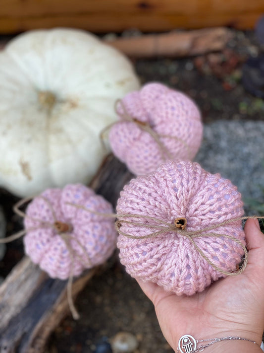 Pink Mini Knitted Pumpkins, set of 3, boho autumn, boho fall decor, beach decor, crochet, pumpkin with cinnamon stick