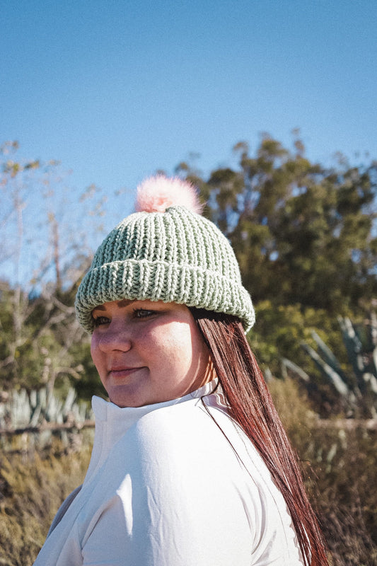 Knitted Green and Pink Beanie